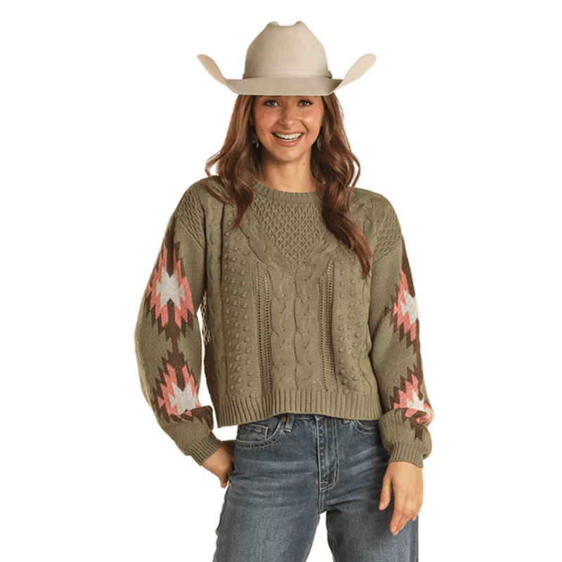 PANHANDLE Outerwear Rock & Roll Cowgirl Jade Aztec Sleeve Sweater BW32T02049