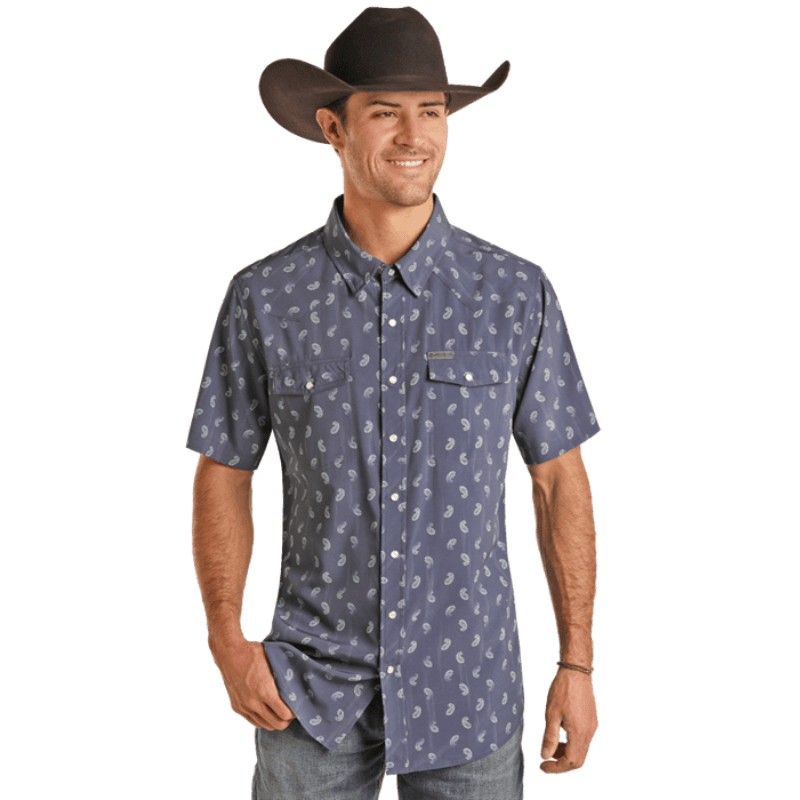 PANHANDLE Shirts Panhandle Men's Slim Fit Paisley Blue Short Sleeve Western Snap Shirt TMN3S02474