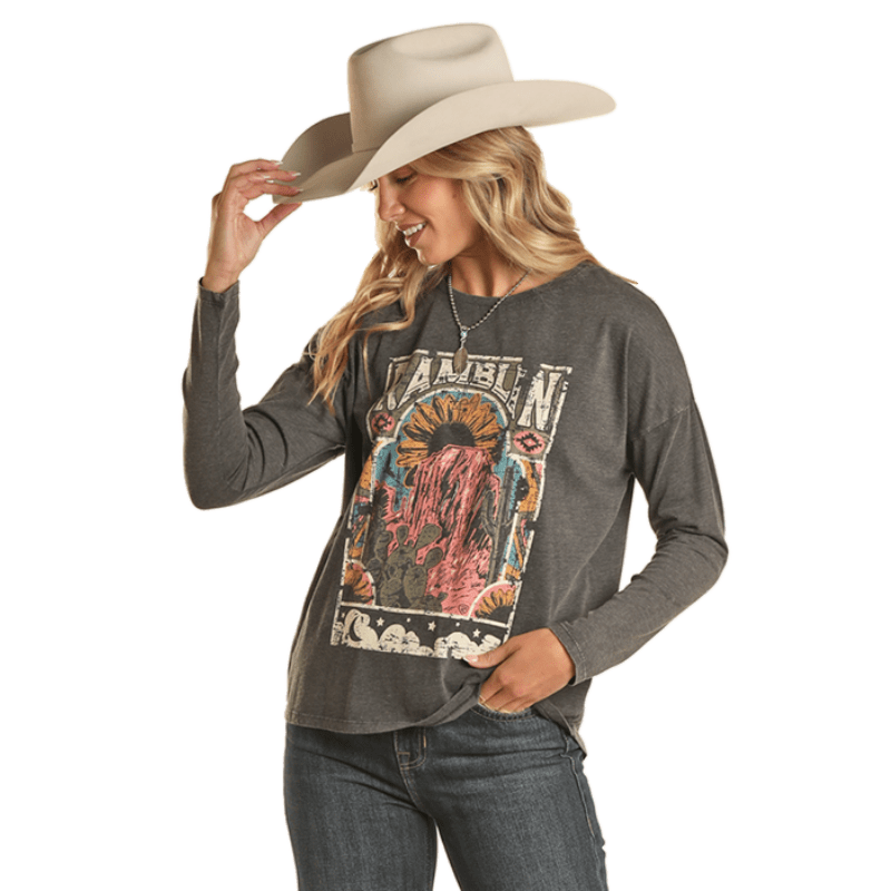 PANHANDLE Shirts Rock & Roll Cowgirl Women's Ramblin Long Sleeve Graphic T-Shirt BW22T02067