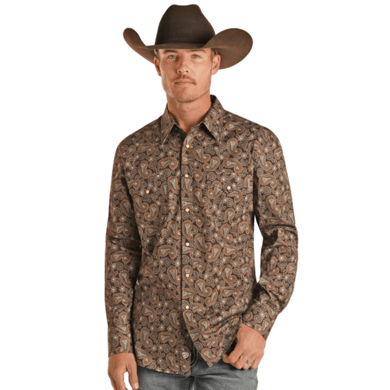 PANHANDLE Shirts Rock & Roll Denim Men's Slim Fit Paisley Long Sleeve Western Snap Shirt BMN2S02176