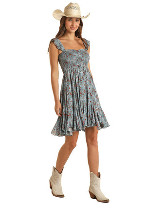 Panhandle Slim Dress Rock & Roll Cowgirl Women's Blue Floral Print Sleeveless Dress BWD1R03279