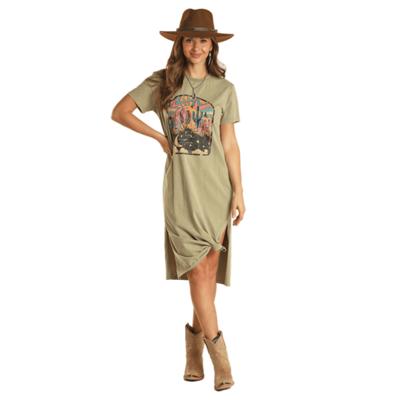 PANHANDLE SLIM Dress Rock & Roll Cowgirl Women's Moss Green T-Shirt Dress BWD1R02036