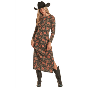 PANHANDLE SLIM Dress Rock & Roll Cowgirl Women's Ruched Floral Long Sleeve Midi Dress BWD2R02732