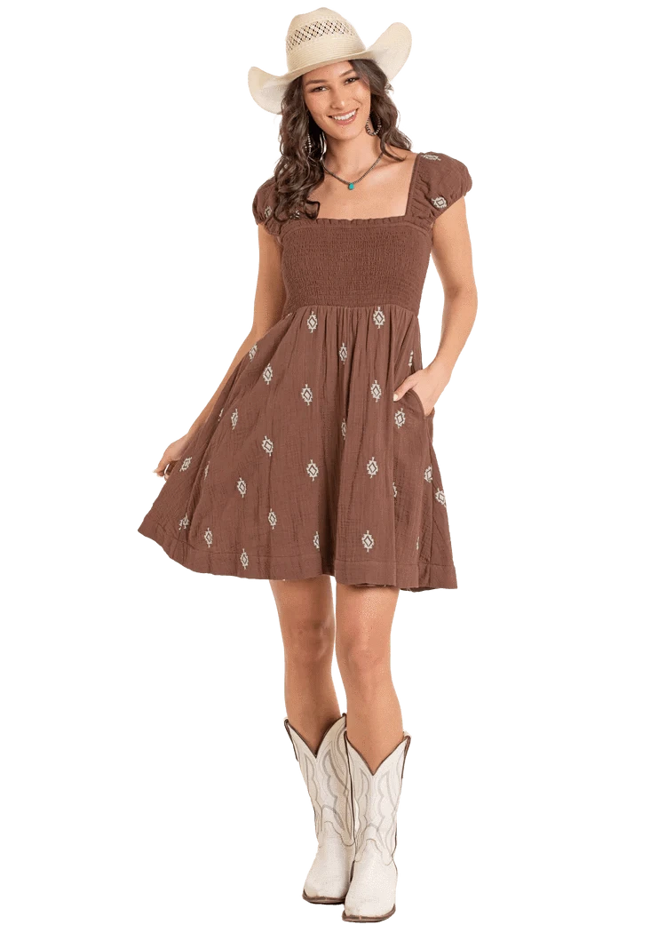 PANHANDLE SLIM Dresses & Skirts Rock n Roll Denim Women's Brown Aztec Embroidered Dress BWD1R06321