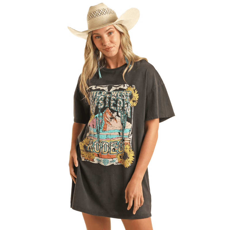 Rock Roll Cowgirl Women s Black Wild West Graphic T Shirt Dress BWD1 Russell s Western Wear Inc