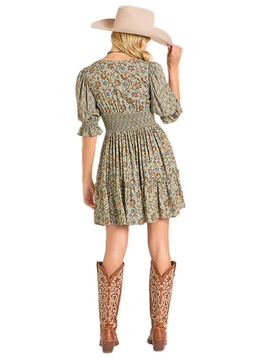 Women's Rock & Roll Denim Mixed Print Dress Medium Jade
