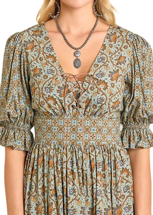 Women's Rock & Roll Denim Mixed Print Dress Medium Jade