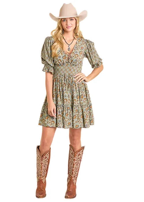 Women's Rock & Roll Denim Mixed Print Dress Medium Jade