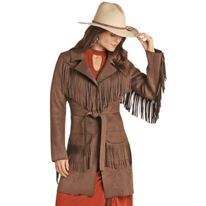 Panhandle Slim Outerwear Panhandle Women's Powder River Brown Micro Suede Fringe Coat PRWO92RZWC
