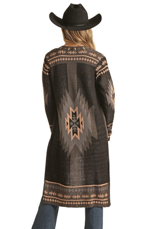 PANHANDLE SLIM Outerwear Rock & Roll Cowgirl Women's Black Aztec Print Long Sleeve Duster BW95T02762