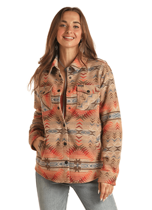 Rock Roll Cowgirl Women s Dusty Tan Powder Blue Aztec Long Shacket BW92C01932