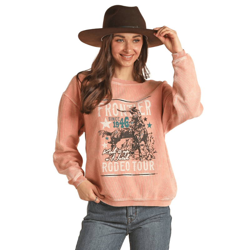 PANHANDLE SLIM Outerwear Rock & Roll Cowgirl Women's Frontier Rodeo Road Tour Coral Graphic Pullover BW91T02738