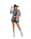 PANHANDLE SLIM Outerwear Rock & Roll Cowgirl Women's Light Wash Denim Stretch Fringe Blazer BW92D02269