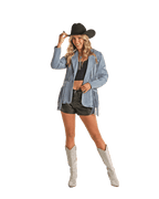 PANHANDLE SLIM Outerwear Rock & Roll Cowgirl Women's Light Wash Denim Stretch Fringe Blazer BW92D02269