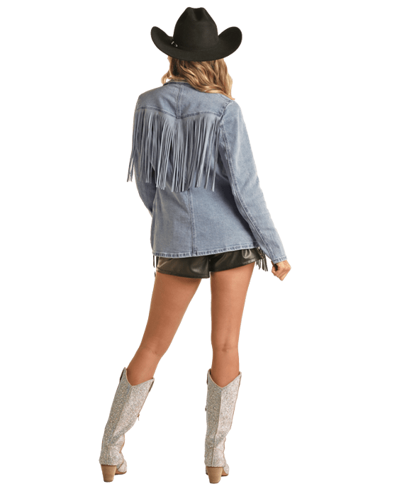 PANHANDLE SLIM Outerwear Rock & Roll Cowgirl Women's Light Wash Denim Stretch Fringe Blazer BW92D02269
