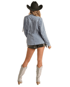 PANHANDLE SLIM Outerwear Rock & Roll Cowgirl Women's Light Wash Denim Stretch Fringe Blazer BW92D02269