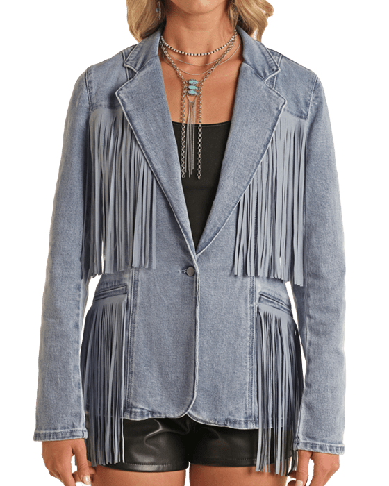 PANHANDLE SLIM Outerwear Rock & Roll Cowgirl Women's Light Wash Denim Stretch Fringe Blazer BW92D02269