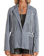 PANHANDLE SLIM Outerwear Rock & Roll Cowgirl Women's Light Wash Denim Stretch Fringe Blazer BW92D02269