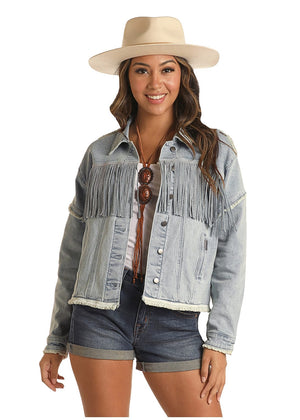 PANHANDLE SLIM Outerwear Rock & Roll Cowgirl Women's Light Wash Studded Fringe Denim Jacket 52-3706