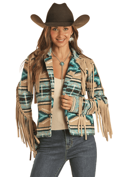PANHANDLE SLIM Outerwear Rock & Roll Cowgirl Women's Turquoise Aztec Print Teddy Bear Berber Fringe Jacket BW92C01938