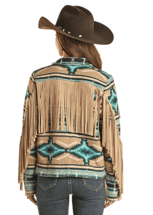 PANHANDLE SLIM Outerwear Rock & Roll Cowgirl Women's Turquoise Aztec Print Teddy Bear Berber Fringe Jacket BW92C01938