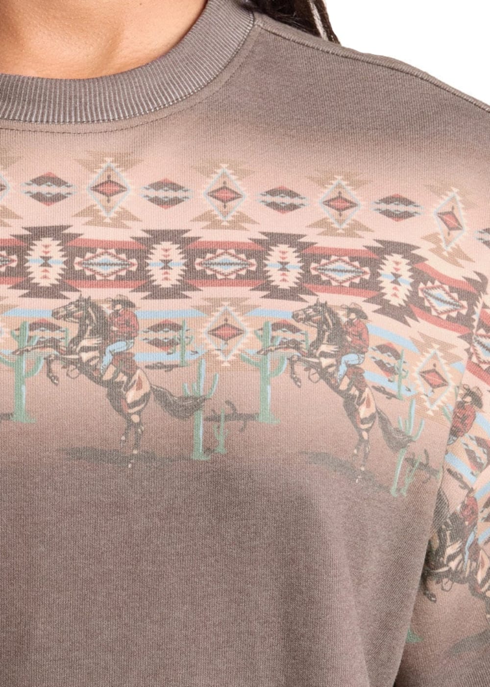PANHANDLE SLIM Outerwear Rock & Roll Denim Women's Brown Cowboy Border Crewneck Pullover BW91T09375