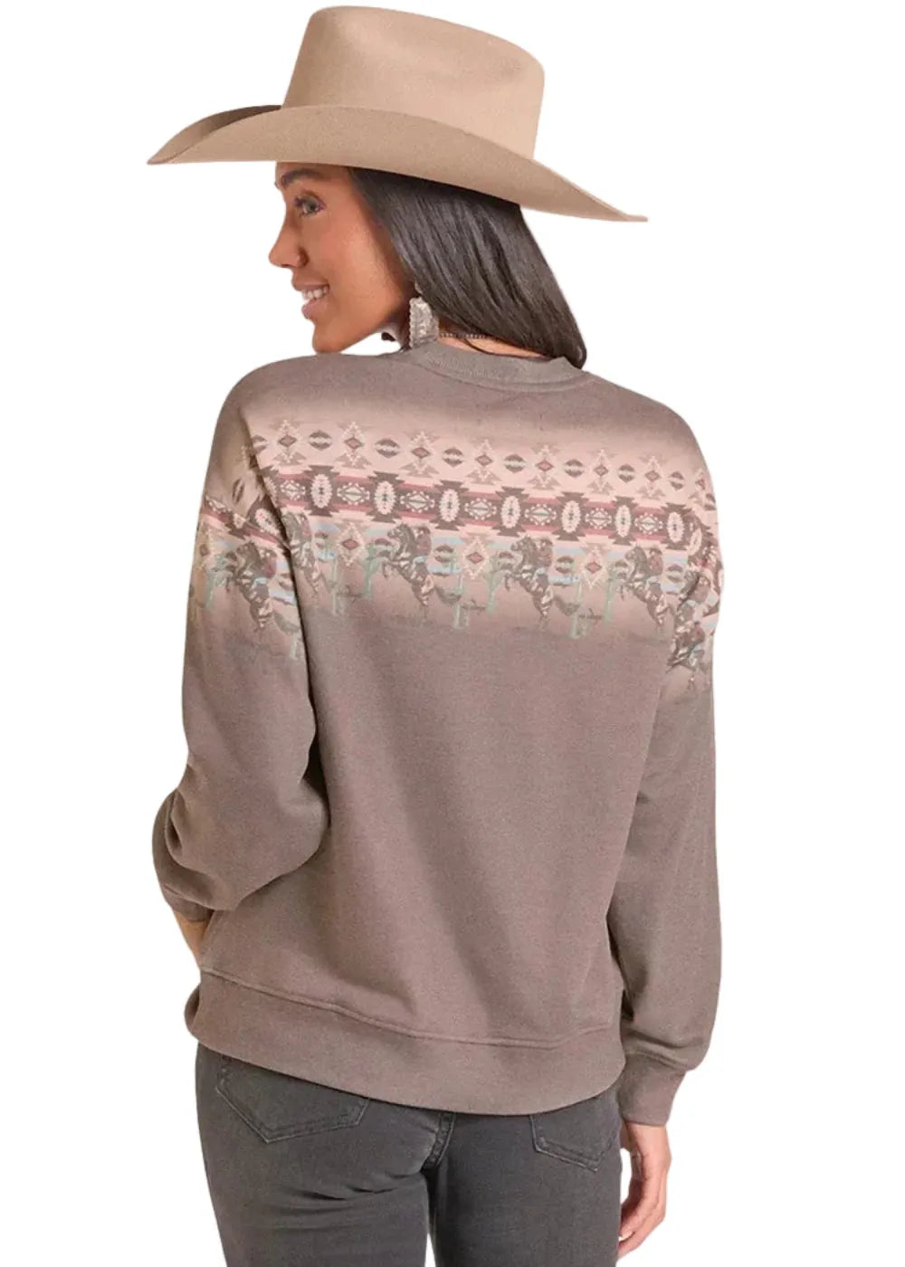 PANHANDLE SLIM Outerwear Rock & Roll Denim Women's Brown Cowboy Border Crewneck Pullover BW91T09375