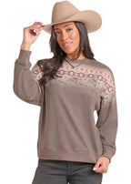 PANHANDLE SLIM Outerwear Rock & Roll Denim Women's Brown Cowboy Border Crewneck Pullover BW91T09375