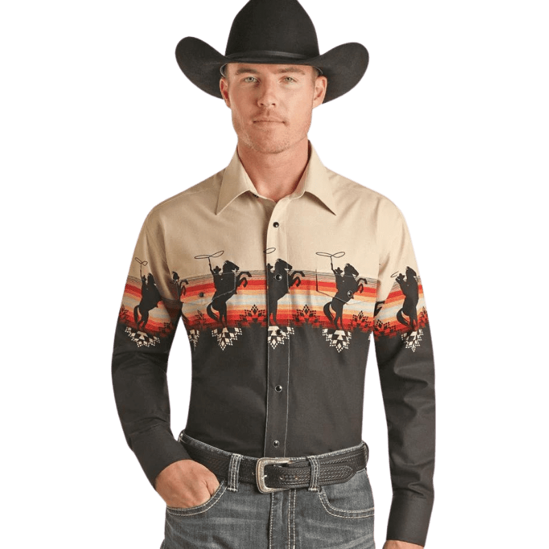 PANHANDLE SLIM Shirts Panhandle Men's Black Bronco Border Print Long Sleeve Western Snap Shirt SMN2S002644
