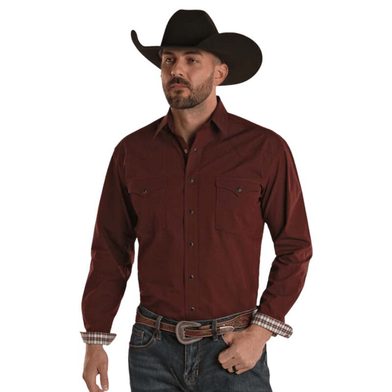 PANHANDLE SLIM Shirts Panhandle Men's Dobby Maroon Long Sleeve Western Snap Shirt RMN2S02204