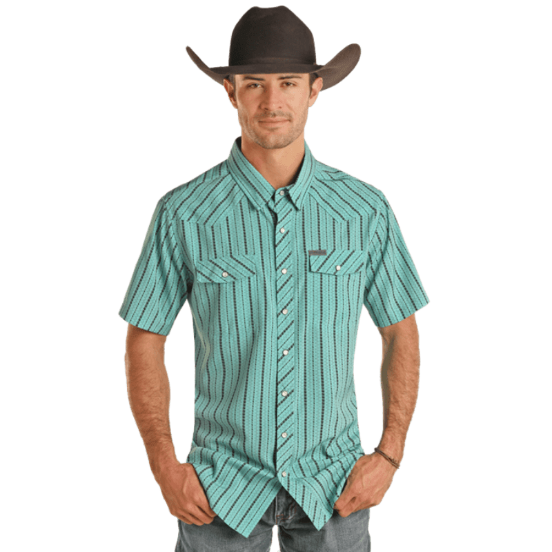 PANHANDLE SLIM Shirts Panhandle Men's Slim Fit Turquoise Stripes Short Sleeve Western Snap Shirt TMN3S02461