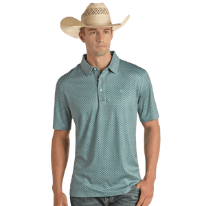 PANHANDLE SLIM Shirts Panhandle Men's Turquoise Geo Print Performance Short Sleeve Knit Polo PPMT51R0WF