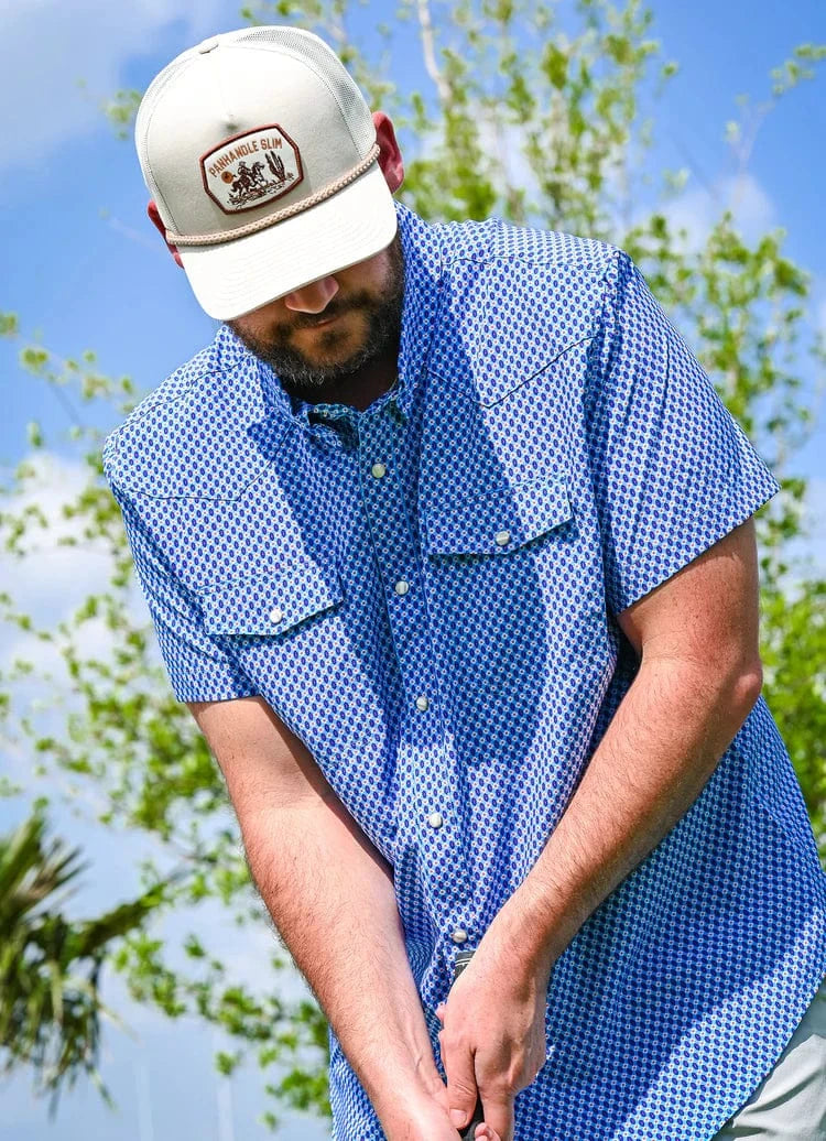 PANHANDLE SLIM Shirts Panhandle Slim Men's Blue Diamond Short Sleeve Snap Performance Shirt TMN3S06655