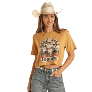 Panhandle Slim Shirts Panhandle Women's Rock & Roll Rodeo Mustard Crop Graphic Tee BW21T03309