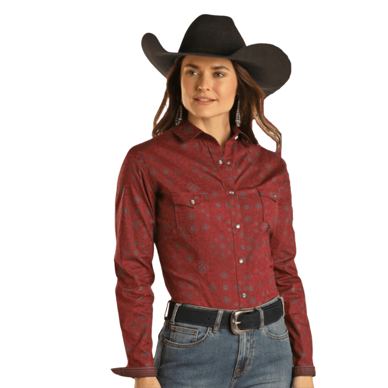 PANHANDLE SLIM Shirts Panhandle Women's Rough Stock Burgundy Long Sleeve Western Snap Shirt RWN2S02826
