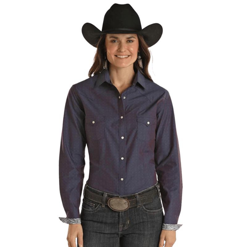 PANHANDLE SLIM Shirts Panhandle Women's Rough Stock Royal Blue Long Sleeve Western Snap Shirt RWN2S02195