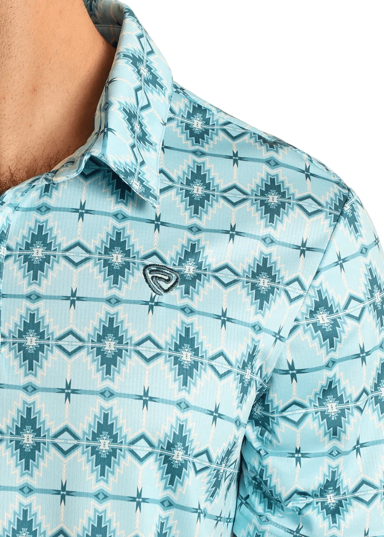 PANHANDLE SLIM Shirts Rock and Roll Men's Aqua Aztec Short Sleeve Polo  BM51T05991