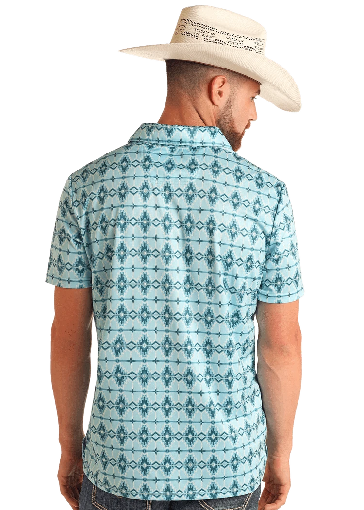 PANHANDLE SLIM Shirts Rock and Roll Men's Aqua Aztec Short Sleeve Polo  BM51T05991