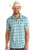 PANHANDLE SLIM Shirts Rock and Roll Men's Aqua Aztec Short Sleeve Polo  BM51T05991