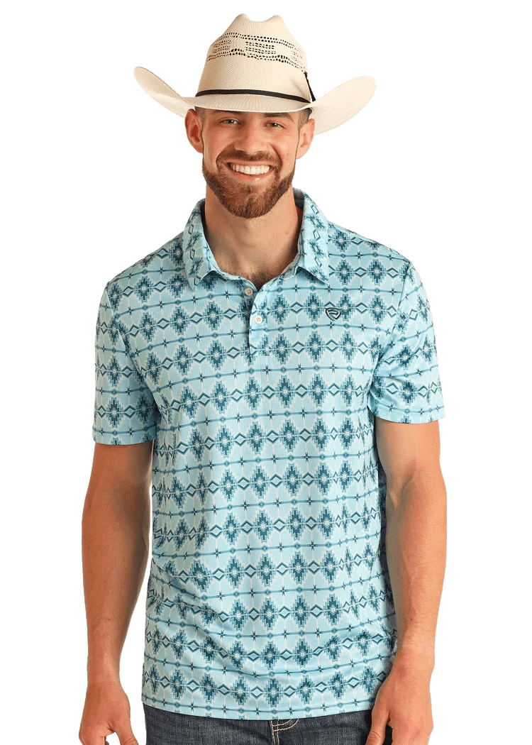 PANHANDLE SLIM Shirts Rock and Roll Men's Aqua Aztec Short Sleeve Polo  BM51T05991