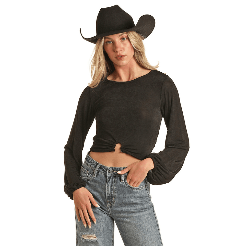 PANHANDLE SLIM Shirts Rock & Roll Cowgirl Black Crop Top with Metal Piece BW52T02694