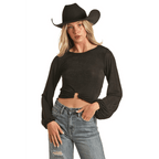 PANHANDLE SLIM Shirts Rock & Roll Cowgirl Black Crop Top with Metal Piece BW52T02694