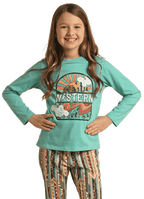 PANHANDLE SLIM Shirts Rock & Roll Cowgirl Girls Turquoise Western Graphic Long Sleeve T-Shirt RRGT22R0ID