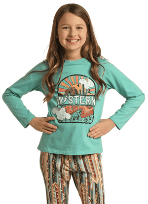 PANHANDLE SLIM Shirts Rock & Roll Cowgirl Girls Turquoise Western Graphic Long Sleeve T-Shirt RRGT22R0ID
