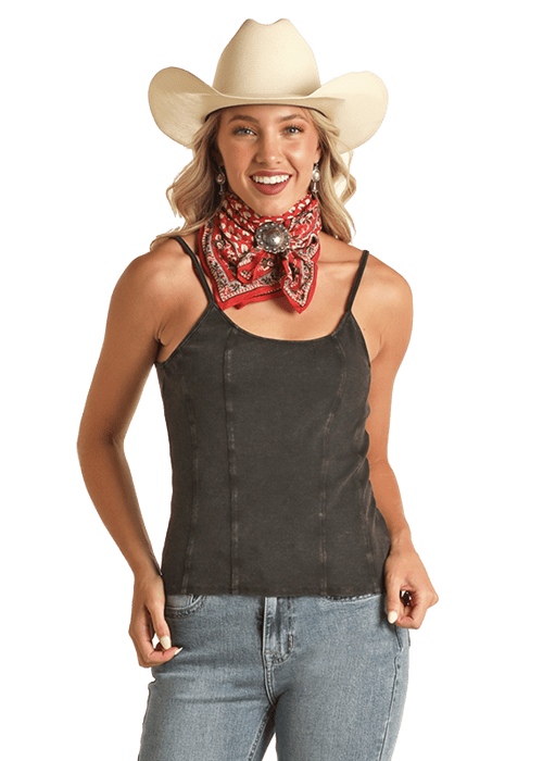 PANHANDLE SLIM Shirts Rock & Roll Cowgirl Women's Black Exposed Seam Sleeveless Tank RRWT20R0Y6