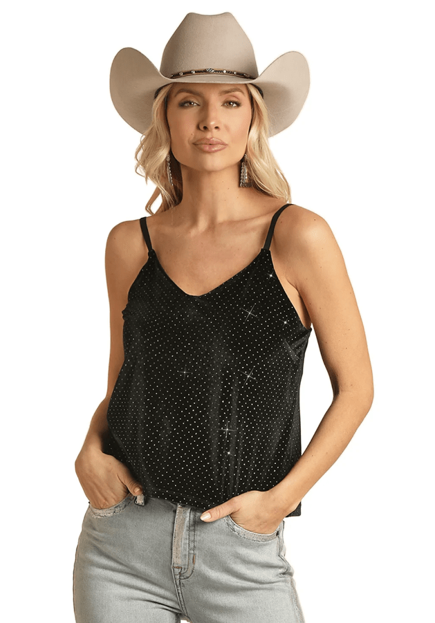 PANHANDLE SLIM Shirts Rock & Roll Cowgirl Women's Black Shimmer Tank RRWT20R0CW