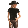 PANHANDLE SLIM Shirts Rock & Roll Cowgirl Women's Black Short Sleeve Velvet Blouse BW21T02695