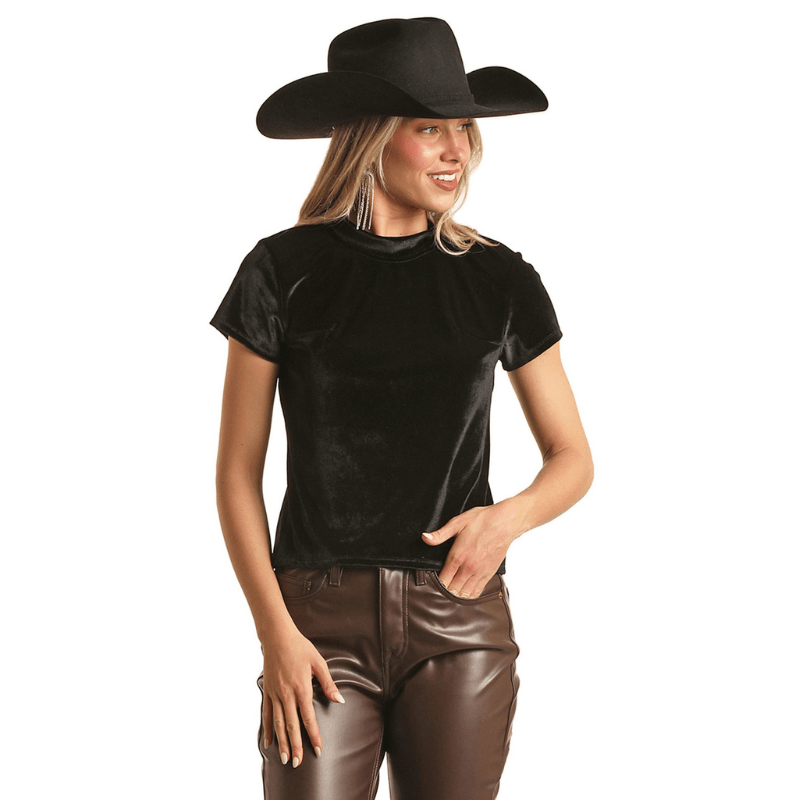 Rock Roll Cowgirl Women s Black Velvet Short Sleeve Blouse BW21T02695
