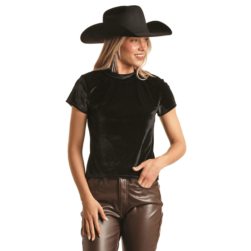 PANHANDLE SLIM Shirts Rock & Roll Cowgirl Women's Black Short Sleeve Velvet Blouse BW21T02695