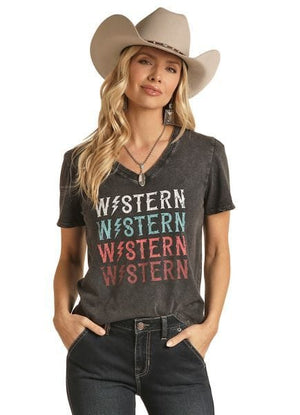 PANHANDLE SLIM Shirts Rock & Roll Cowgirl Women's Black Western Graphic V-Neck T-Shirt RRWT21R0CT